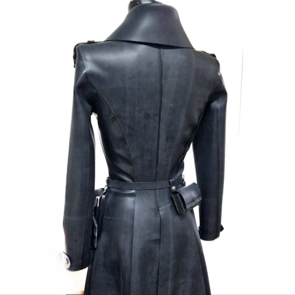Black latex riding coat on a mannequin against a white background