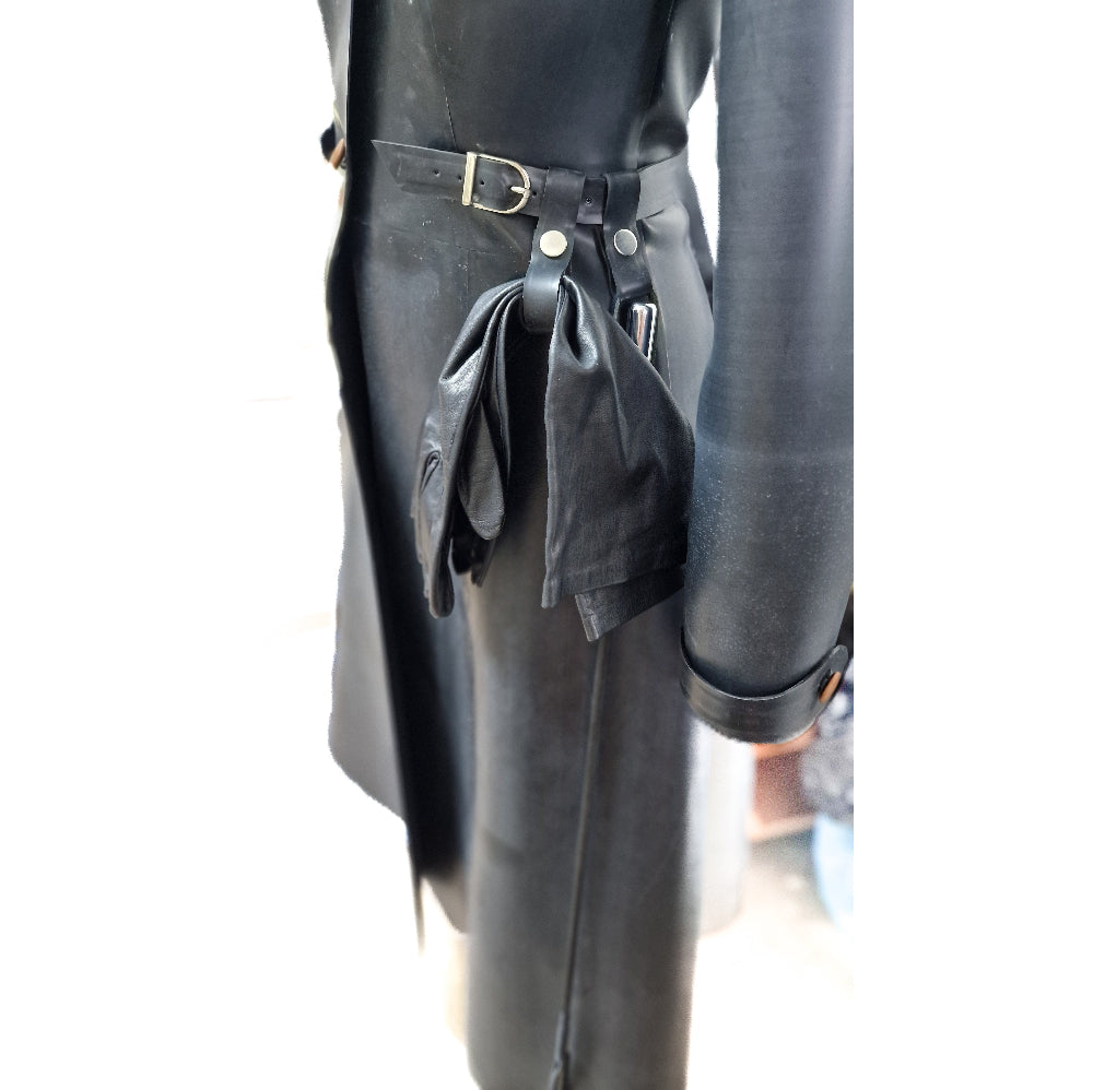 Black latex coat with a belt and attached gloves