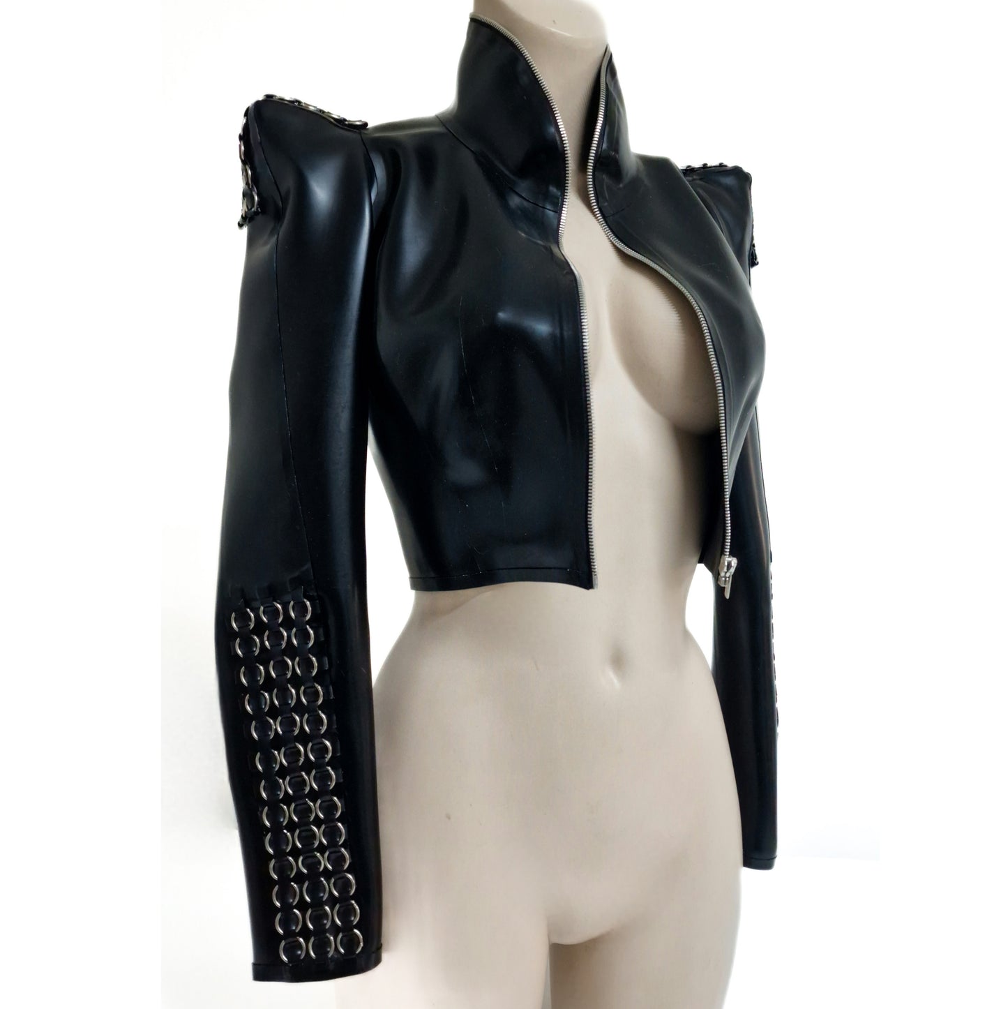 Latex jacket with structured shoulders and ring details..