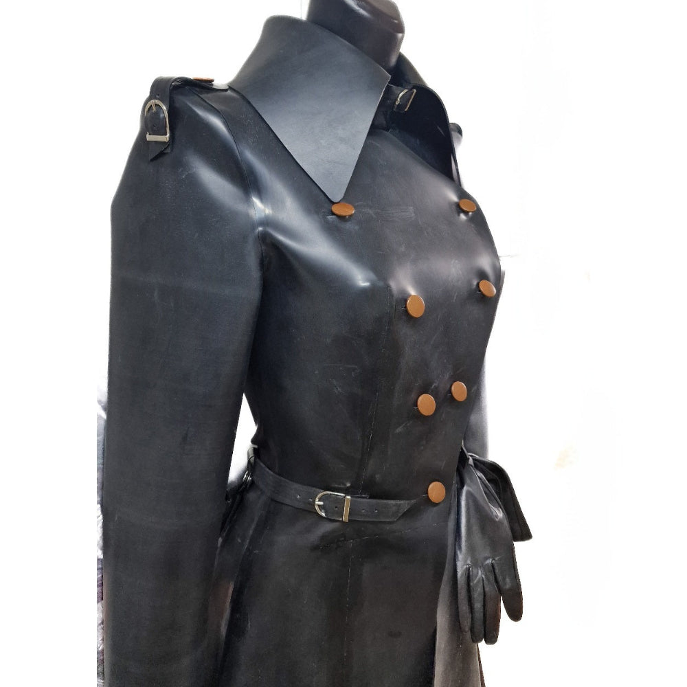 Black latex trench coat with brown buttons on a mannequin against a white background
