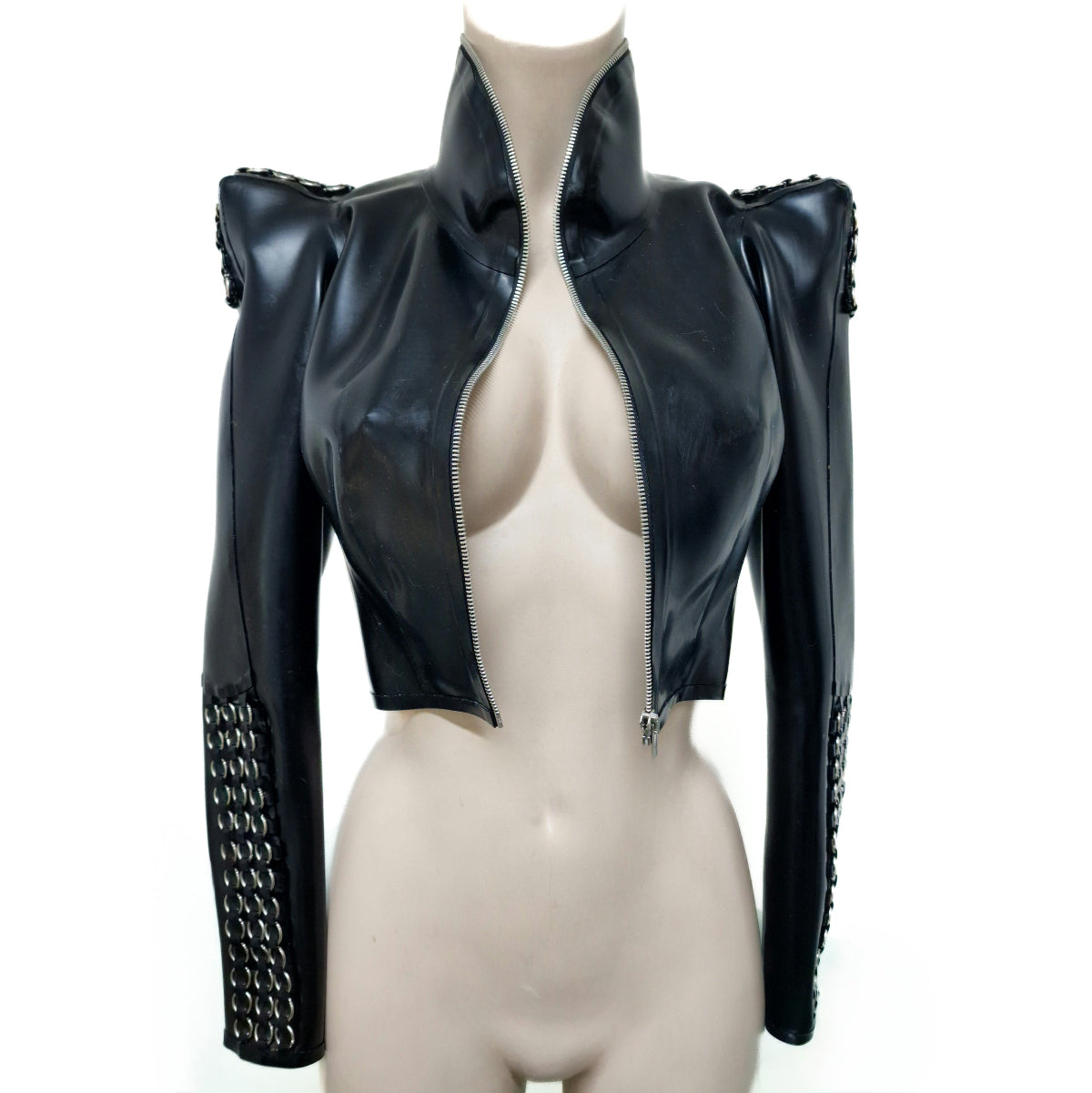 Latex jacket with structured shoulders and ring details..